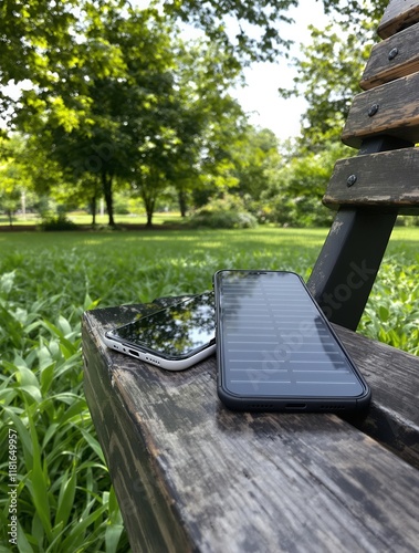 Two smartphones on a weathered wooden park bench in green grass with trees in background, sunny outdoor scene