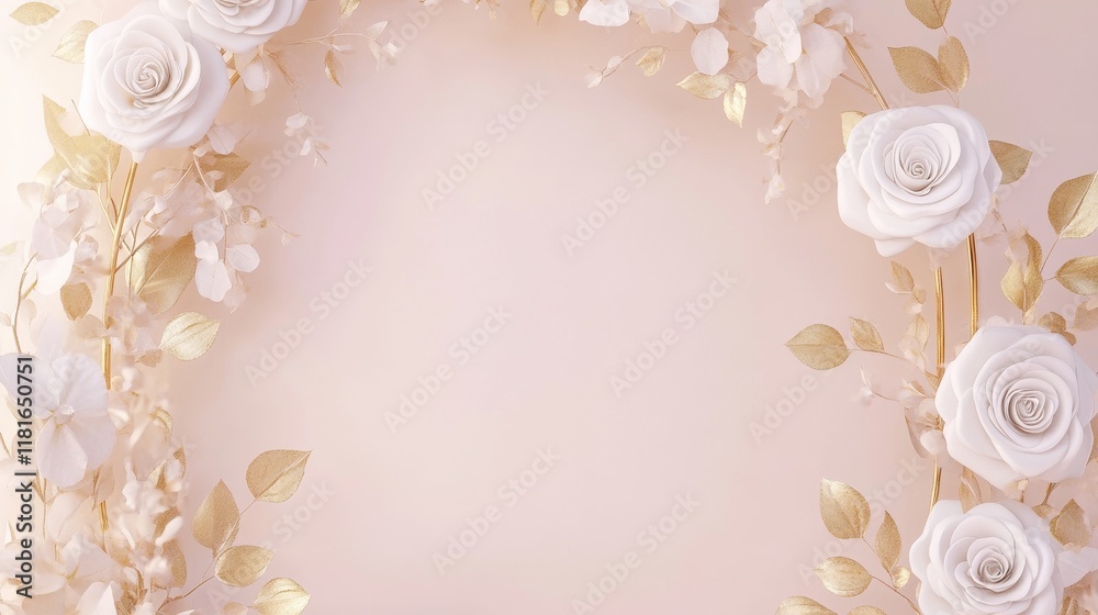 Naklejka premium Elegant White Rose Floral Arch with Golden Leaves on Soft Pink Background, 3D Render.
