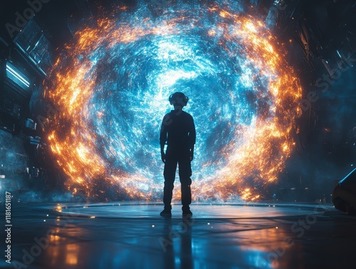 Young Man Standing Before Glowing Portal with Cinematic Lighting Effects photo