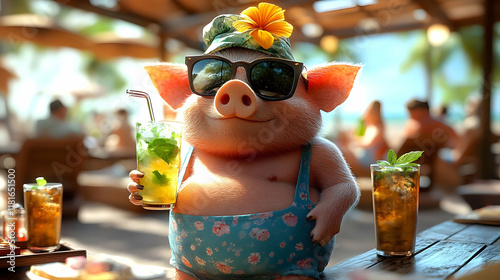 Pig Enjoys Beach Cocktails:...