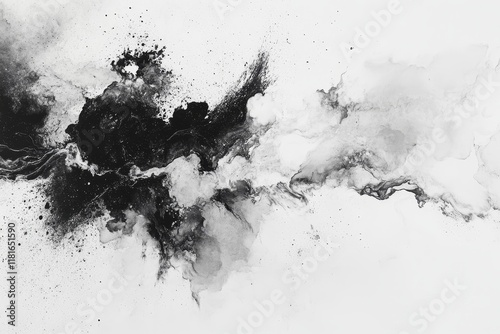 Abstract Black and White Artistic Splash with Ink Blots and Wispy Texture, Perfect for Backgrounds, Prints, and Modern Digital Media Applications