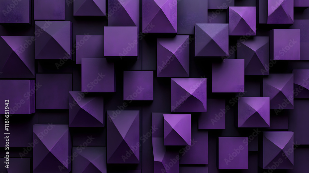 Obraz premium Many symmetrical purple rhombuses and squares on a black background. Bright abstract pattern of geometric carved and fancy shapes.