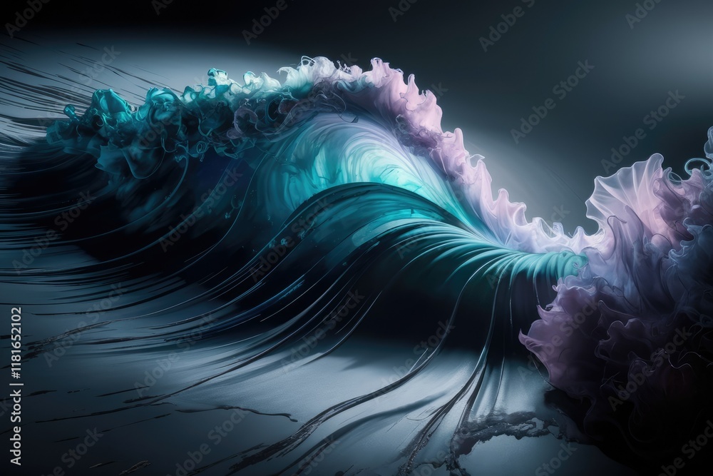 Obraz premium Abstract teal and purple wave, resembling flowing fabric, creates a surreal and mesmerizing visual.