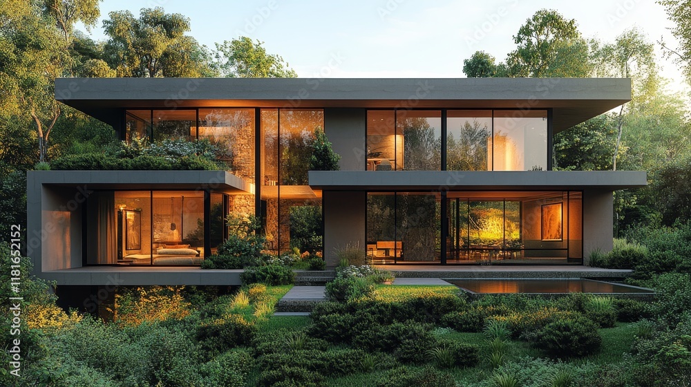 Modern Two-Level Home With Glass Walls Surrounded by Lush Greenery Modern Two-Level Home With Glass Walls Surrounded by Lush Greenery