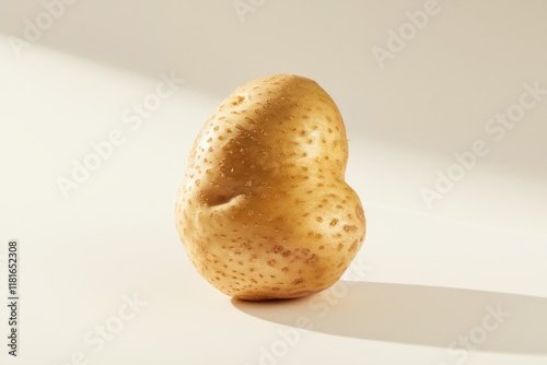 A single, oddly shaped potato sits on a beige background, illuminated by soft sunlight. photo