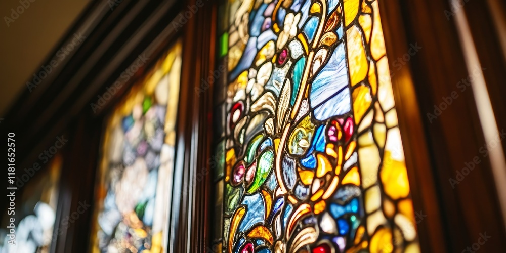 Close up of a stained glass window featuring intricate designs, set within a classic wooden frame, showcasing the beauty and craftsmanship of stained glass artistry.