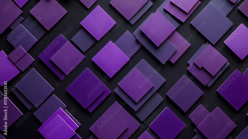 Fototapeta premium Many symmetrical purple rhombuses and squares on a black background. Bright abstract pattern of geometric carved and fancy shapes.
