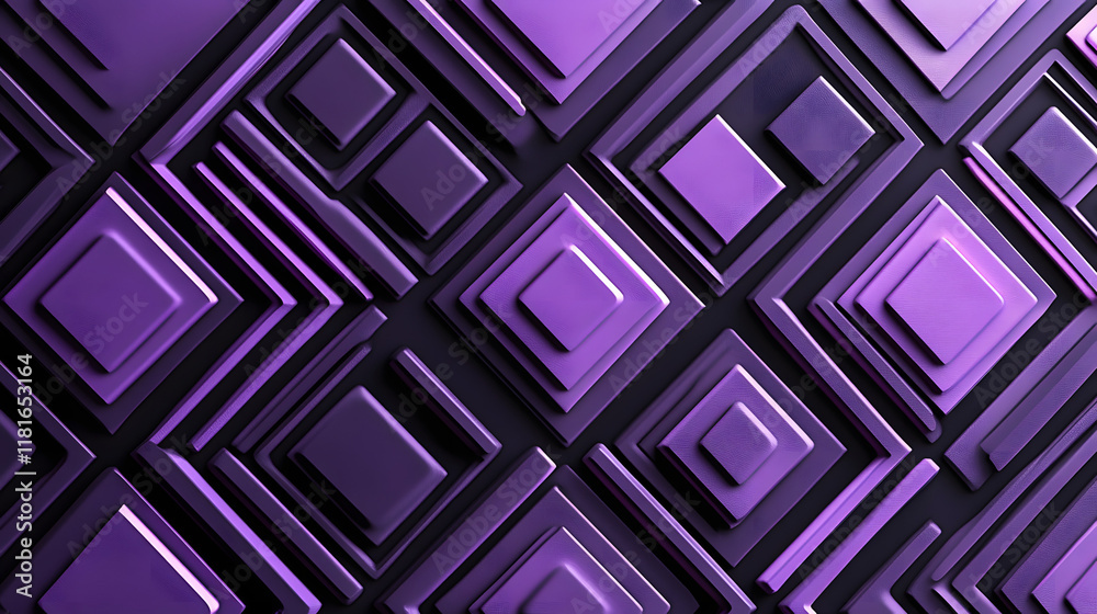Fototapeta premium Many symmetrical purple rhombuses and squares on a black background. Bright abstract pattern of geometric carved and fancy shapes.