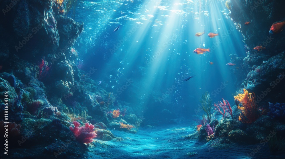 Fototapeta premium Sunlight Filtering Through Water on a Vibrant Coral Reef Scene.