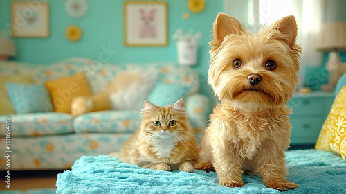 Cute Dog and Cat Relax on C...
