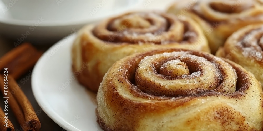 Fototapeta premium Delicious cinnamon buns crafted with rich butter and sweet sugar, these scrumptious cinnamon buns are perfect for breakfast or dessert, showcasing the irresistible allure of homemade cinnamon buns.
