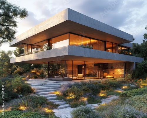 Modern Hillside Home with Cantilevered Architecture Surrounded by Lush Vegetation photo