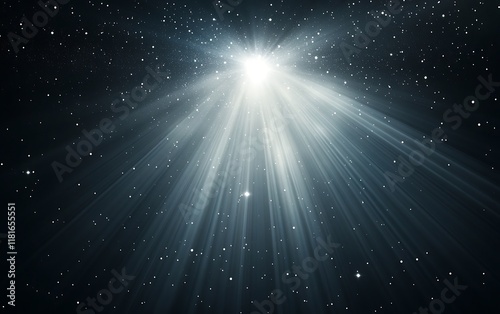 A beam of white light shining on the black background, with rays spreading out from its center and centered in the middle is a bright star-like point