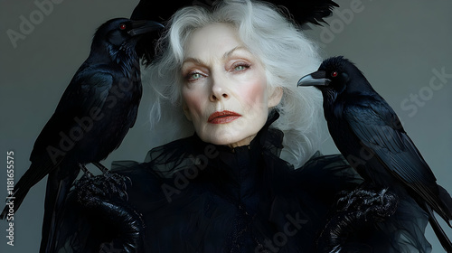 Woman with Ravens Poses Gra...