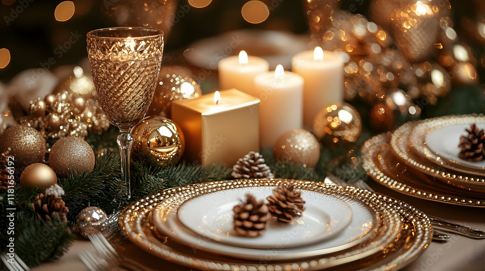 Naklejka premium Golden Holiday Table Decor Creates Festive Ambiance Elegantly