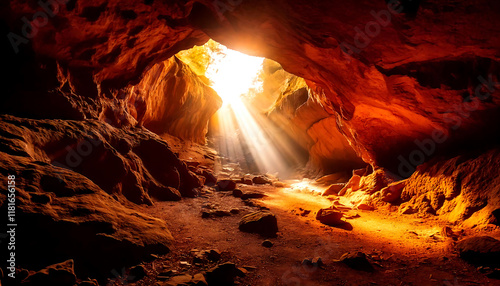 Dramatic sun rays illuminate the path through a breathtaking sandstone cave.  Perfect for adventure, exploration, or spirituality themes. photo