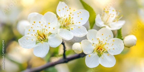 White and yellow flowers of Plum MacVerna, a variety of Prunus domestica, showcase their beauty. This blossoming branch features stunning cherry plum flowers in a vibrant blooming garden. photo