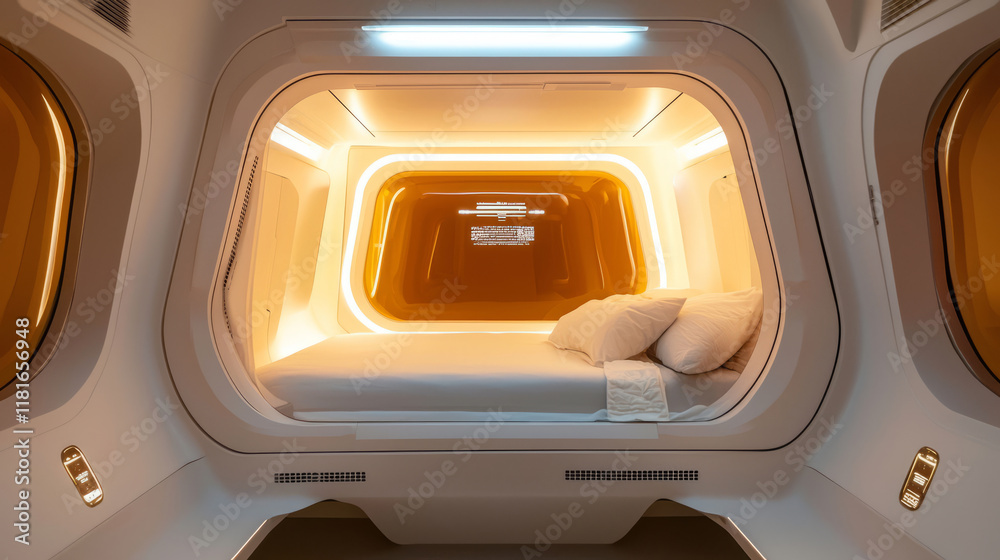 Modern interior design of a futuristic compact capsule room for one person Modern interior design of a futuristic compact capsule room for one person