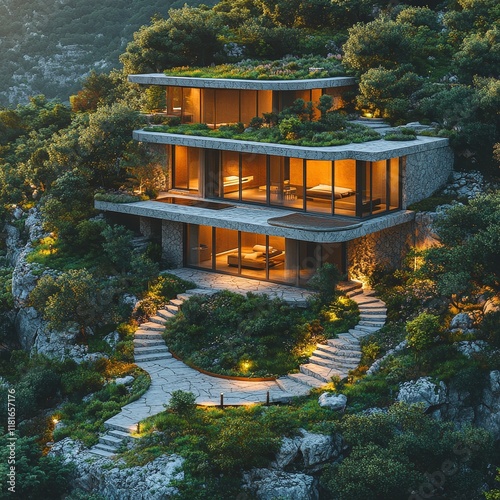 Luxurious Modern Hillside House with Expansive Glass and Stone Architecture