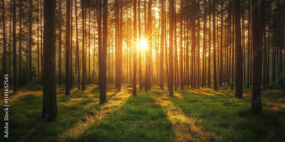 Obraz premium Sunset in a beautiful green forest showcases the stunning golden rays filtering through the tall tree trunks, illuminating the lush green grass below in a captivating summer scene.