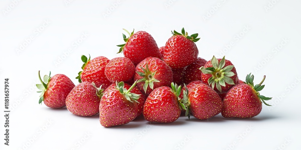 Fresh red strawberries arranged in a pile on a white background, showcasing the vibrant color and natural freshness of red strawberries, perfect for any culinary or healthy lifestyle theme.
