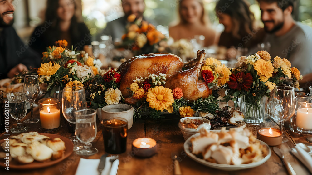 Naklejka premium Roasted Turkey Dinner Table Gathers Family and Friends for a Festive Meal