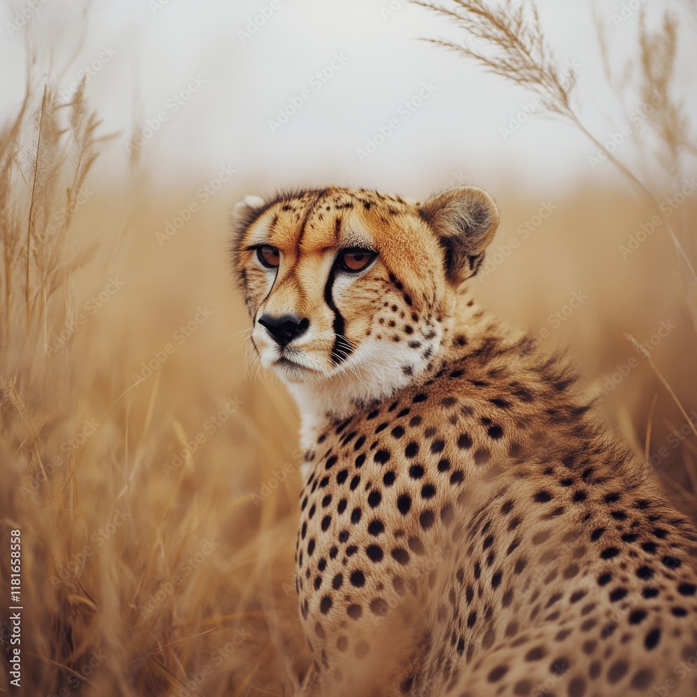 Obraz premium A cheetah sits poised amid the tall golden grasses of the savannah, exuding grace and alertness under a pale, expansive sky.