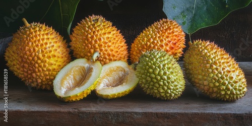 Sandoricum koetjape fruit displayed on a wooden table, highlighting the unique characteristics of Sandoricum koetjape and its vibrant appearance. Perfect for showcasing this exotic fruit. photo