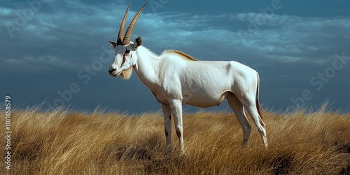 Calf Scimitar oryx, also known as the scimitar horned oryx, is a remarkable species of Oryx that was once widespread in North Africa and tragically went extinct in the wild in 2000. photo