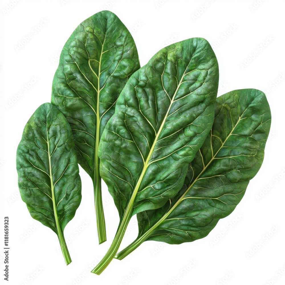 Fototapeta premium Fresh and Vibrant Green Spinach Leaves Arrangement Isolated on White Background for Culinary Use
