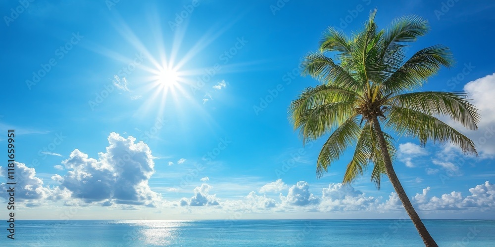 Obraz premium Palm tree basking in the sunlight, set against a vibrant blue sky and serene blue ocean, creating a perfect tropical scene with the beauty of a palm tree prominently featured.