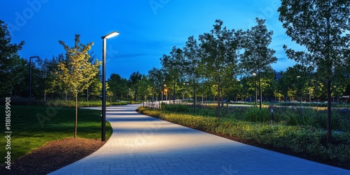 A public park walkway featuring designated pedestrian and bicycle paths, beautifully illuminated by energy efficient solar powered street lights, enhances the outdoor experience in the park.