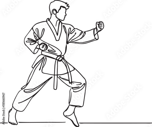 Man in Karate Taekwondo Pose - Line Art and Vector Artwork