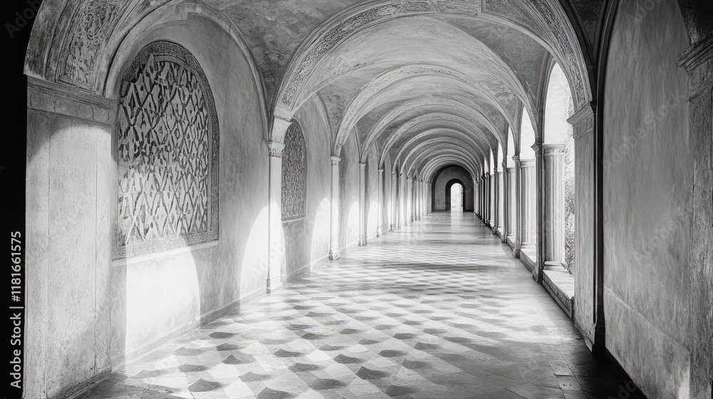 A minimalist black-and-white shot of an arched corridor with repeating patterns, creating depth and elegance A minimalist black-and-white shot of an arched corridor with repeating patterns, creating depth and elegance