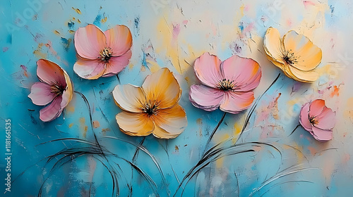 Flowers Bloom Beautifully with Vivid Colors on Canvas Painting Gently