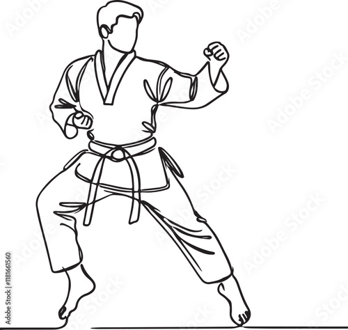 Man in Karate Taekwondo Pose - Line Art and Vector Artwork