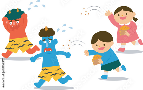 豆まきをする子供たちのイラスト