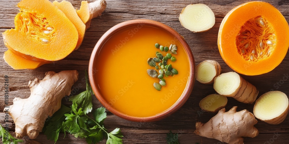 Vegetarian soup featuring ginger and pumpkin, showcasing fresh ingredients from a top down perspective. This vibrant ginger and pumpkin vegetarian soup delights with its rich flavors. Vegetarian soup featuring ginger and pumpkin, showcasing fresh ingredients from a top down perspective. This vibrant ginger and pumpkin vegetarian soup delights with its rich flavors.