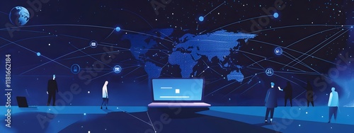 A flat vector illustration of an online network made up of human figures connected to each other, and above them is a world map with a laptop in front
