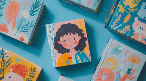 children's illustrated books, their vibrant covers displayed on a soft sky blue background with playful patterns.