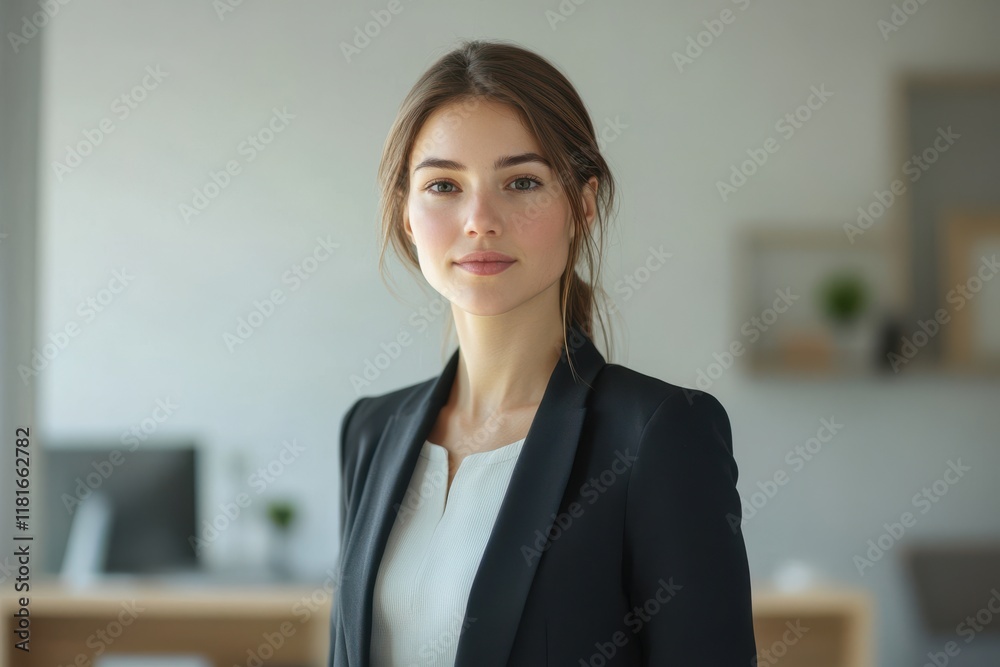 Young professional woman in chic suit standing confidently in modern office Young professional woman in chic suit standing confidently in modern office