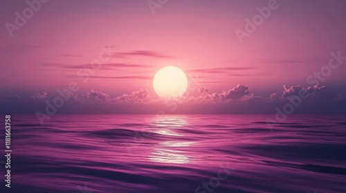 Ethereal Pink Sunset Over Calm Ocean Water, Reflecting Sunlight