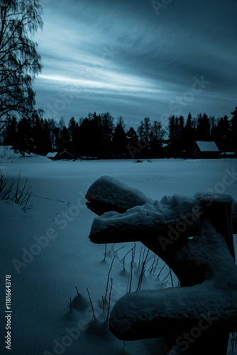 dark themed frozen lake under snow