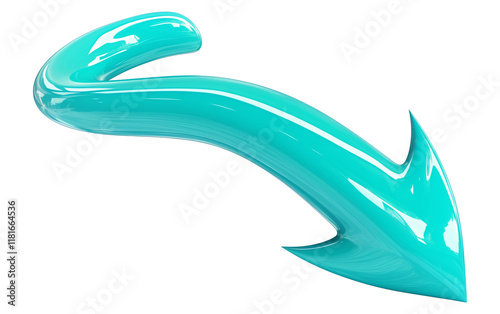 glossy turquoise curved arrow pointing downward and to left, isolated on transparency background, with sleek and modern design photo