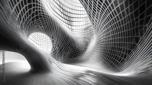 A high-contrast architectural image of a building with overlapping grids and dynamic lighting in monochrome