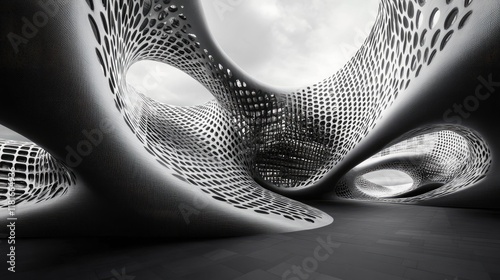 A high-contrast architectural image of a building with overlapping grids and dynamic lighting in monochrome