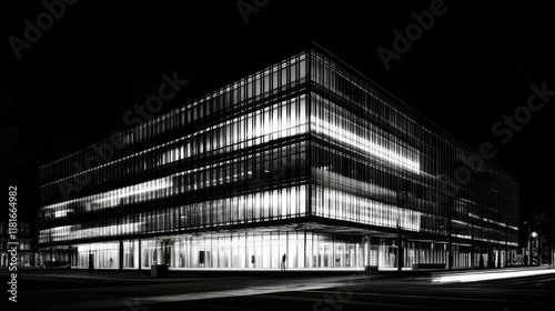 A high-contrast architectural image of a building with overlapping grids and dynamic lighting in monochrome