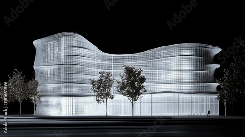 A high-contrast architectural image of a building with overlapping grids and dynamic lighting in monochrome