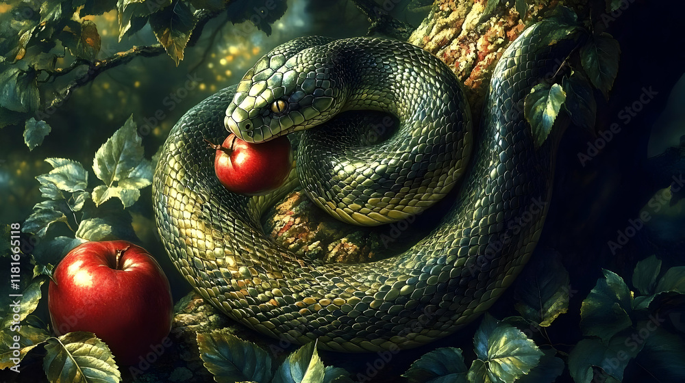 Fototapeta premium Serpent Coils Around Tree, Eating Apple in Lush Forest