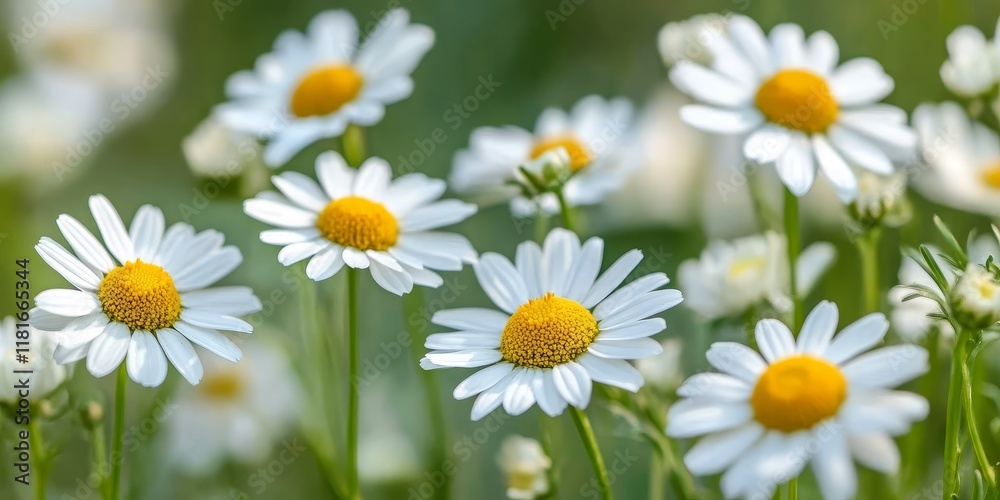Obraz premium Close up of wild chamomiles blooming in a lush meadow, showcasing their vibrant growth in the summer. The wild chamomiles emit a herbal scent as bees pollinate and collect nectar. These flowers are